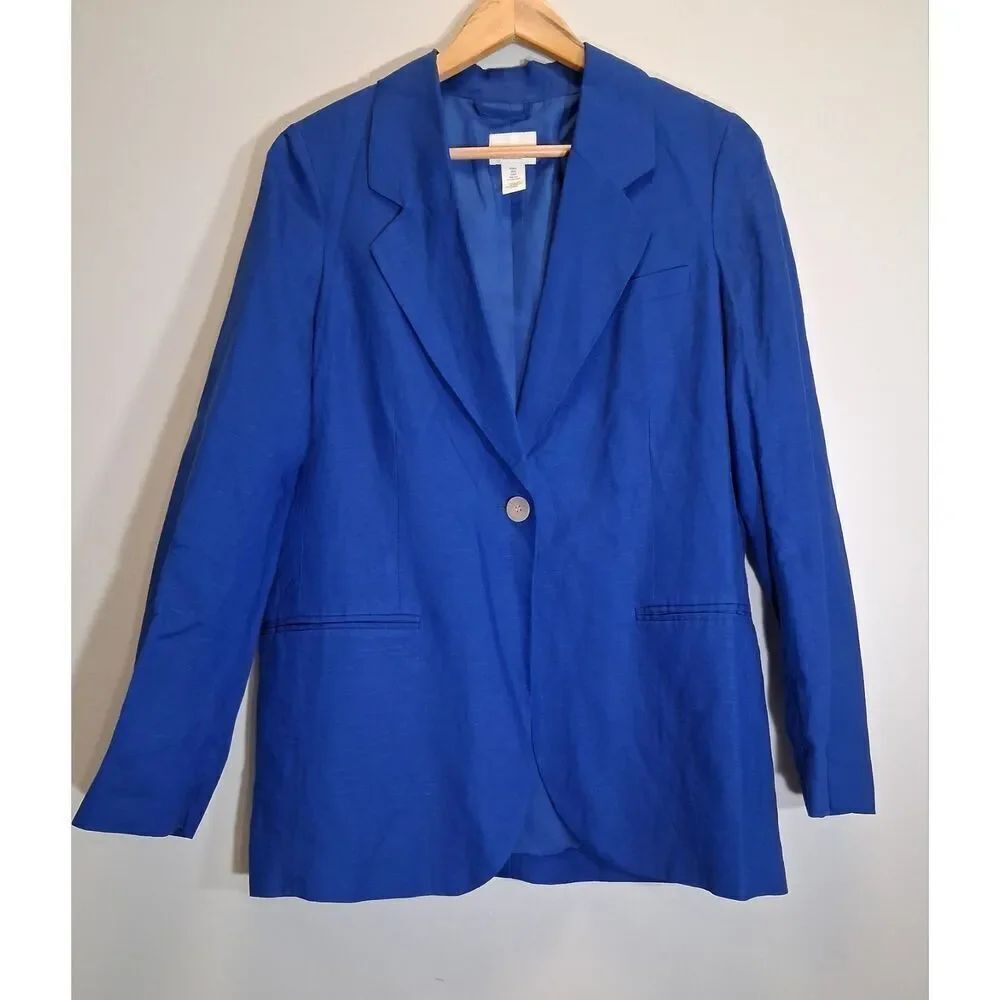 H&M Womens small cobalt blue Linen Blend Blazer jacket classic timeless